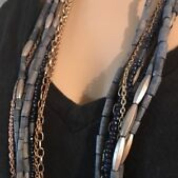 Chico's Multi-Strand Blue Bead/Silver Chain Adjustable Statement Necklace - Picture 1 of 6